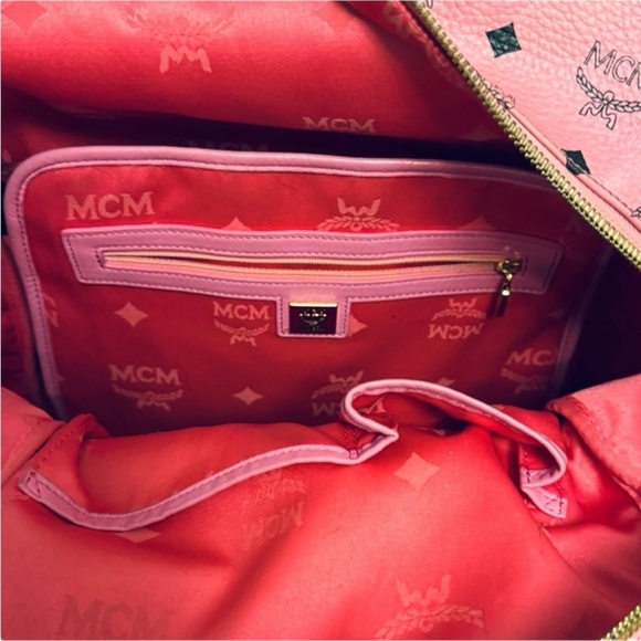 MCM Large Pink Visetos Studded Leather Backpack - Picture 8 of 9